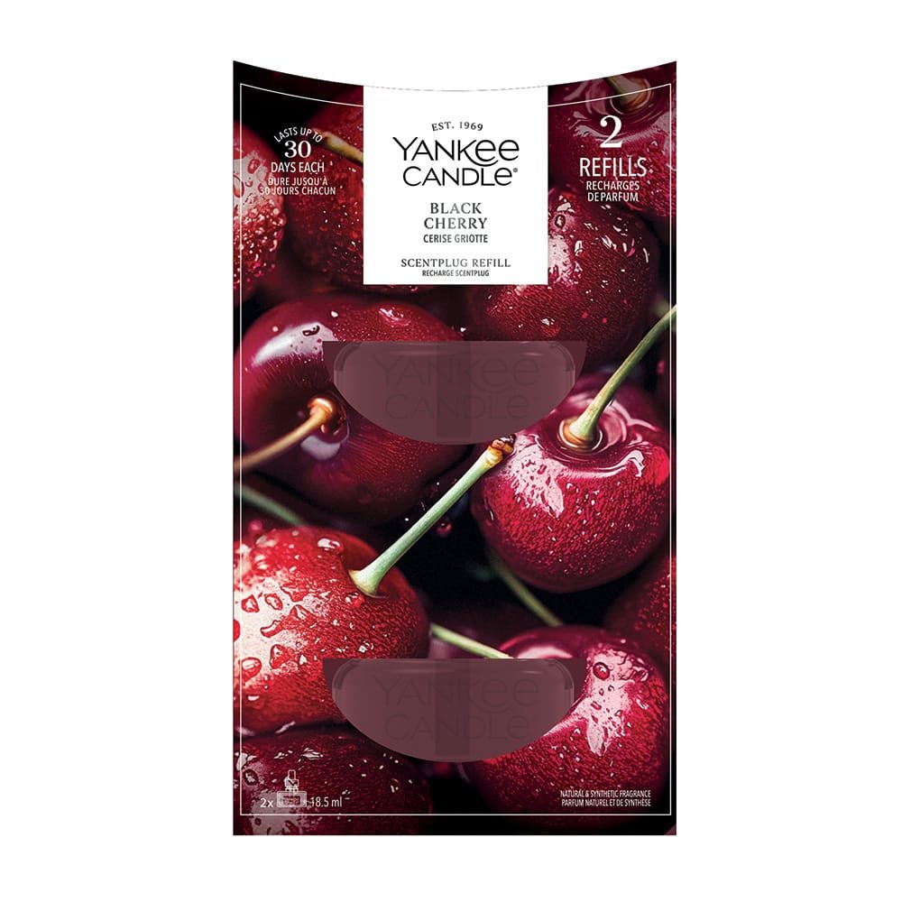 Yankee Candle Black Cherry scented plug refills packaging with cherries on a white background