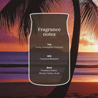 A digital graphic displaying a jar-shaped label with a white outline over a tropical beach sunset background. The label contains text reading 'Fragrance notes' with categorized notes for Top, Mid, and Base.