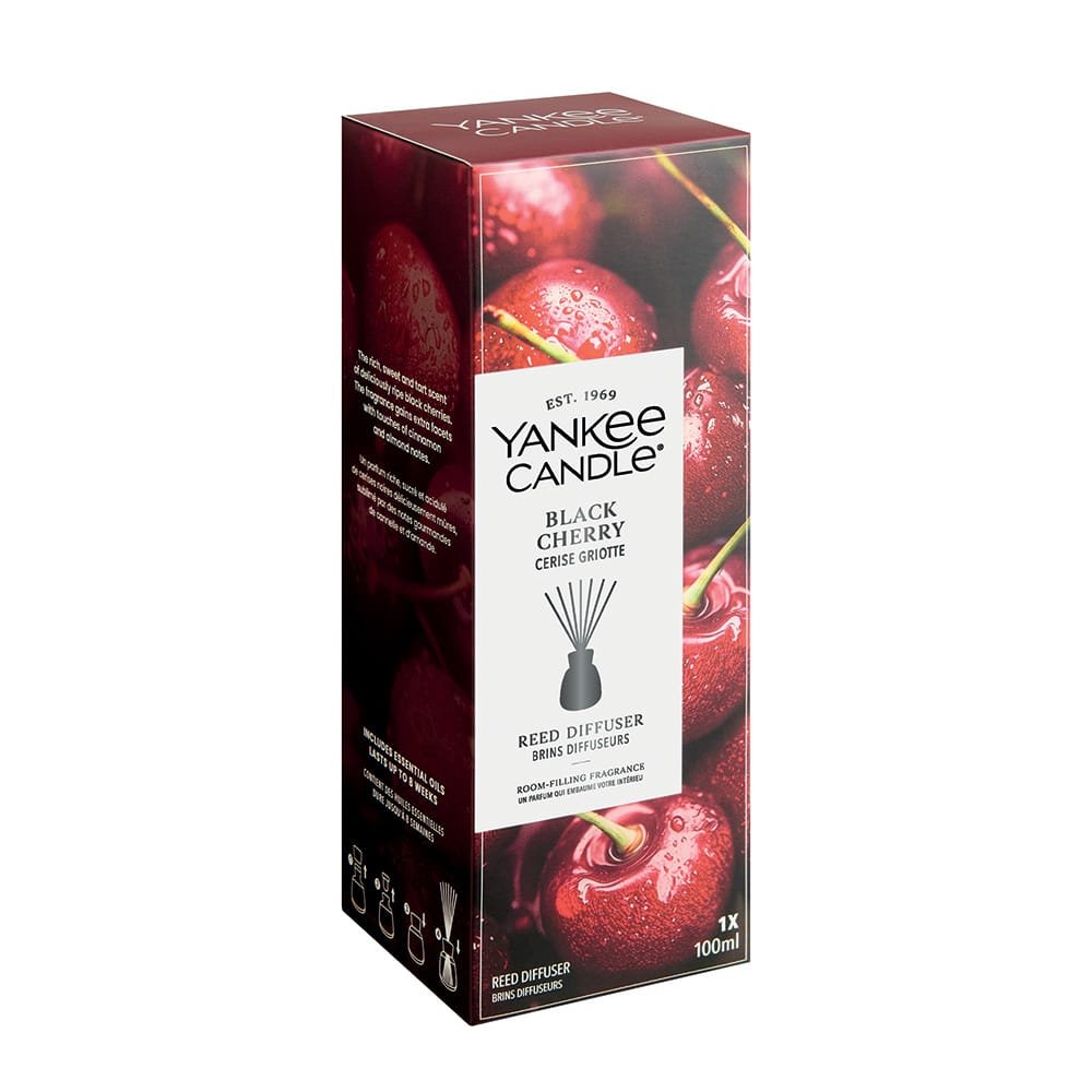 Yankee Candle Black Cherry Reed Diffuser box, 100ml, featuring a red cherry graphic design with a white brand label in the center.