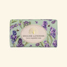 English Lavender soap bar with floral design on a light green background