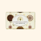 A rectangular bar of luxury vegetable soap from The English Soap Company, named Frankincense & Myrrh. The soap bar is cream-colored with elegant gold and dark brown ornamental patterns and a central white oval label.