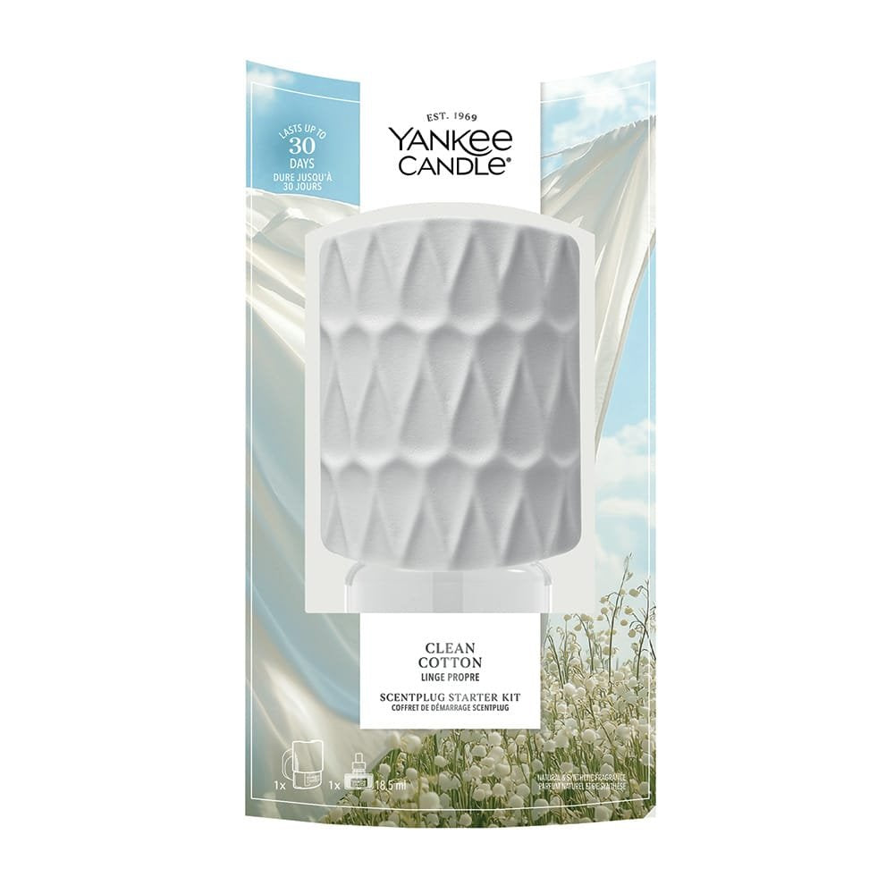 Yankee Candle Clean Cotton scentplug starter kit in packaging on a white background
