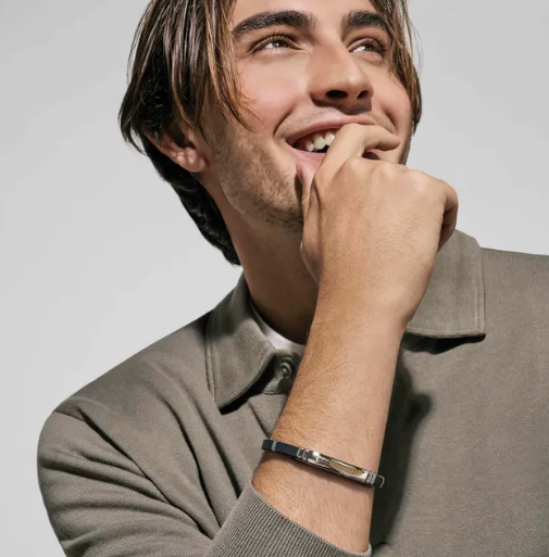 Man wearing a gray sweater with a Nomination Italy City Collection bracelet on a light gray background