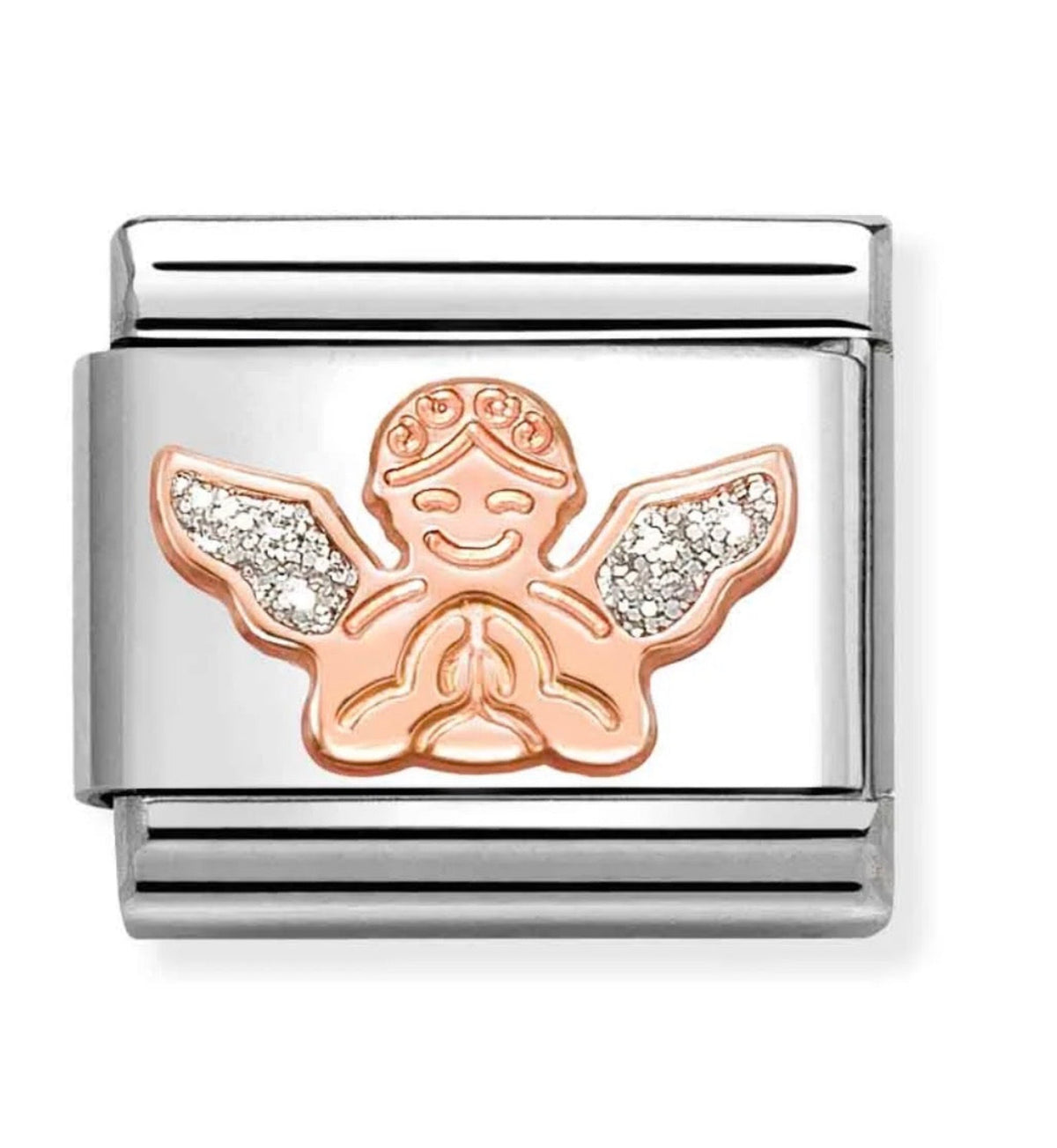 Nomination Italy classic 9k rose gold charm showing an Angel with silver enamelled  glitter detailing on wings.
