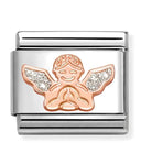 Nomination Italy classic 9k rose gold charm showing an Angel with silver enamelled  glitter detailing on wings.