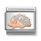 Nomination Classic 9k gold  and stainless steel charm showing a hedgehog with silver enamelled glitter detailing
