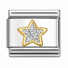 Classic Yellow Gold Nomination Charm with 18k Gold star outline and silver glitter enamelled glitter on a white background