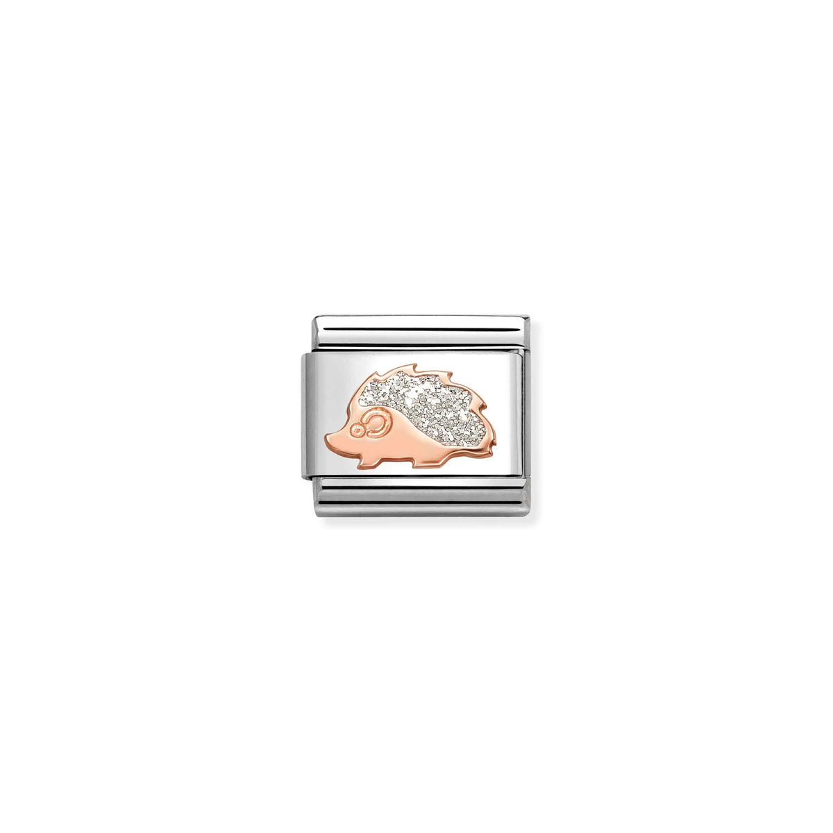 Nomination Classic 9k gold  and stainless steel charm showing a hedgehog with silver enamelled glitter detailing