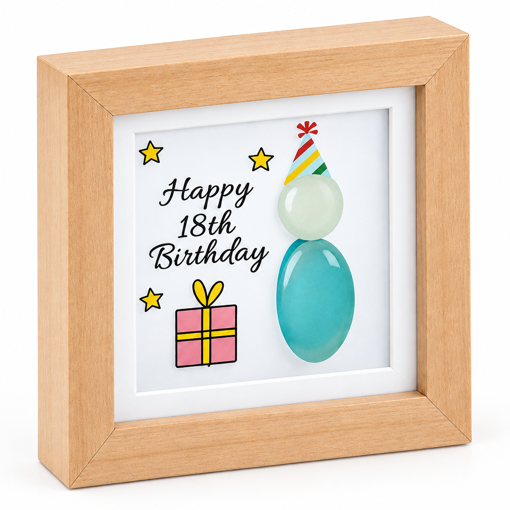 Happy 18th Birthday wooden pebble plaque, elevated front view