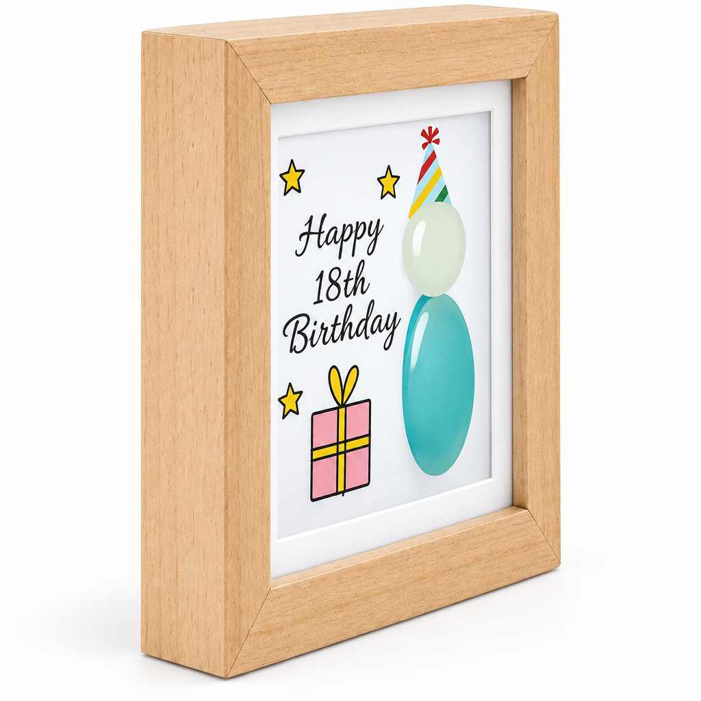 Happy 18th Birthday wooden pebble plaque, close side view