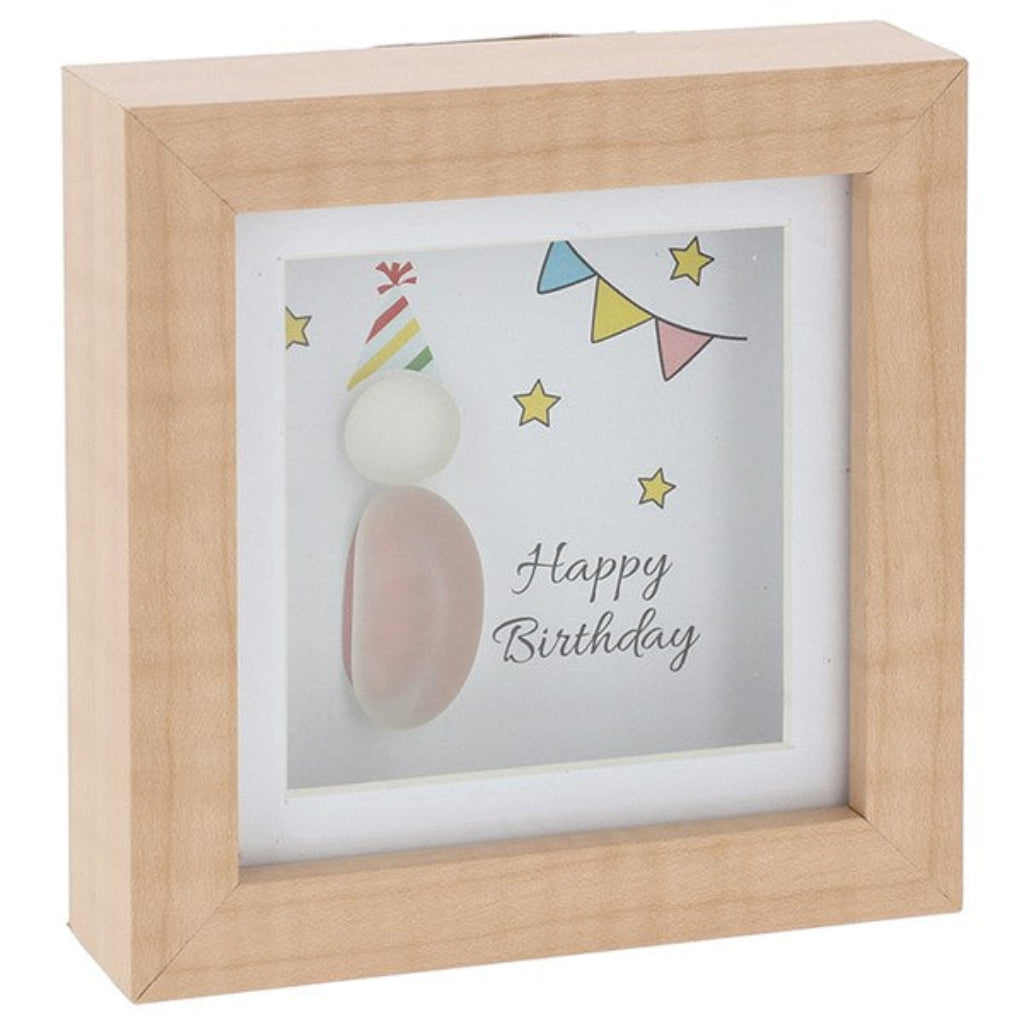 Wooden glass pebble artwork plaque with the sentiment happy birthday