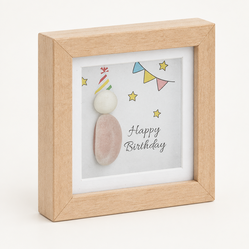 Happy Birthday mini wooden pebble plaque showing its side depth