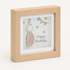Happy Birthday mini wooden pebble plaque showing its side depth