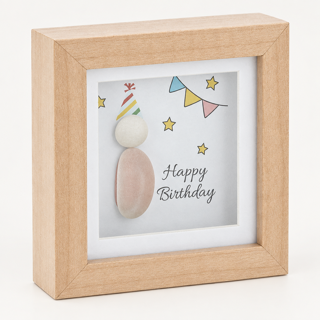 Happy Birthday mini wooden pebble plaque from the left