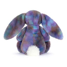 Purple,green,blue coloured Cosmic patterned plush jellycat luxe bunny on white background.