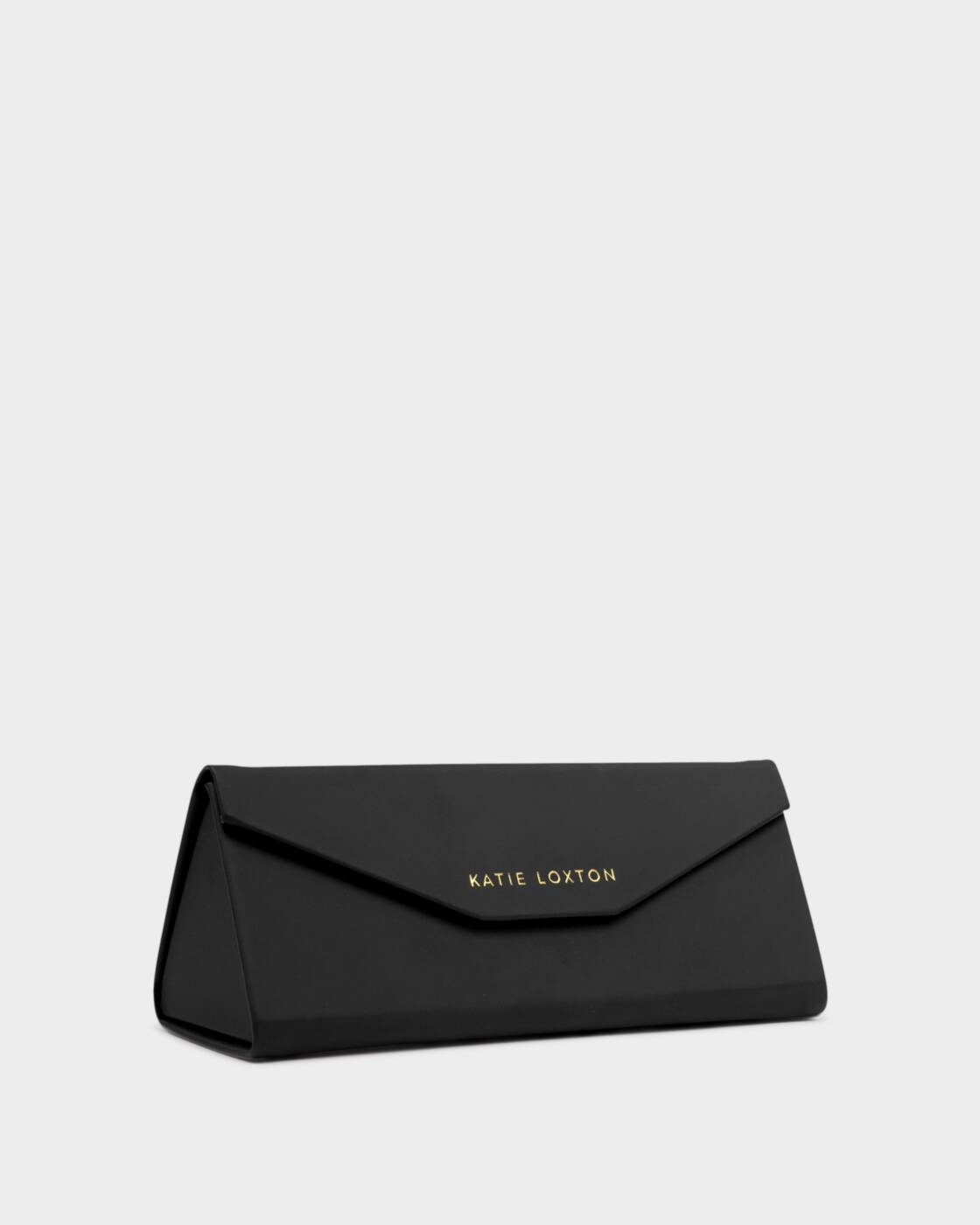 Black sunglasses case with 'Katie Loxton' branding on a light gray background