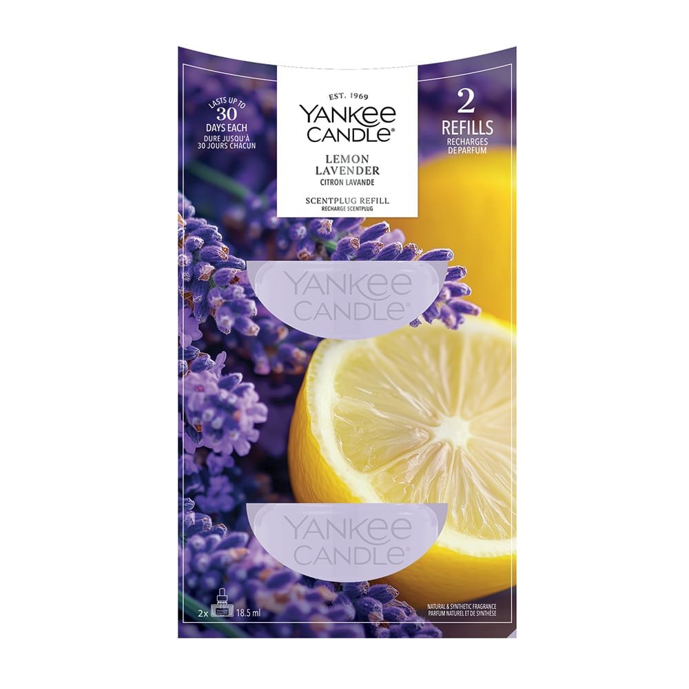 Yankee Candle Lemon Lavender scented refill pack, featuring a purple and yellow design with illustrations of fresh lemon slices and lavender flowers.