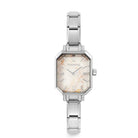 A women's octagonal analog watch by Nomination Italy. featuring a silver-toned metal link bracelet, a silver bezel, and a cream-colored dial with a subtle gold map-like pattern.