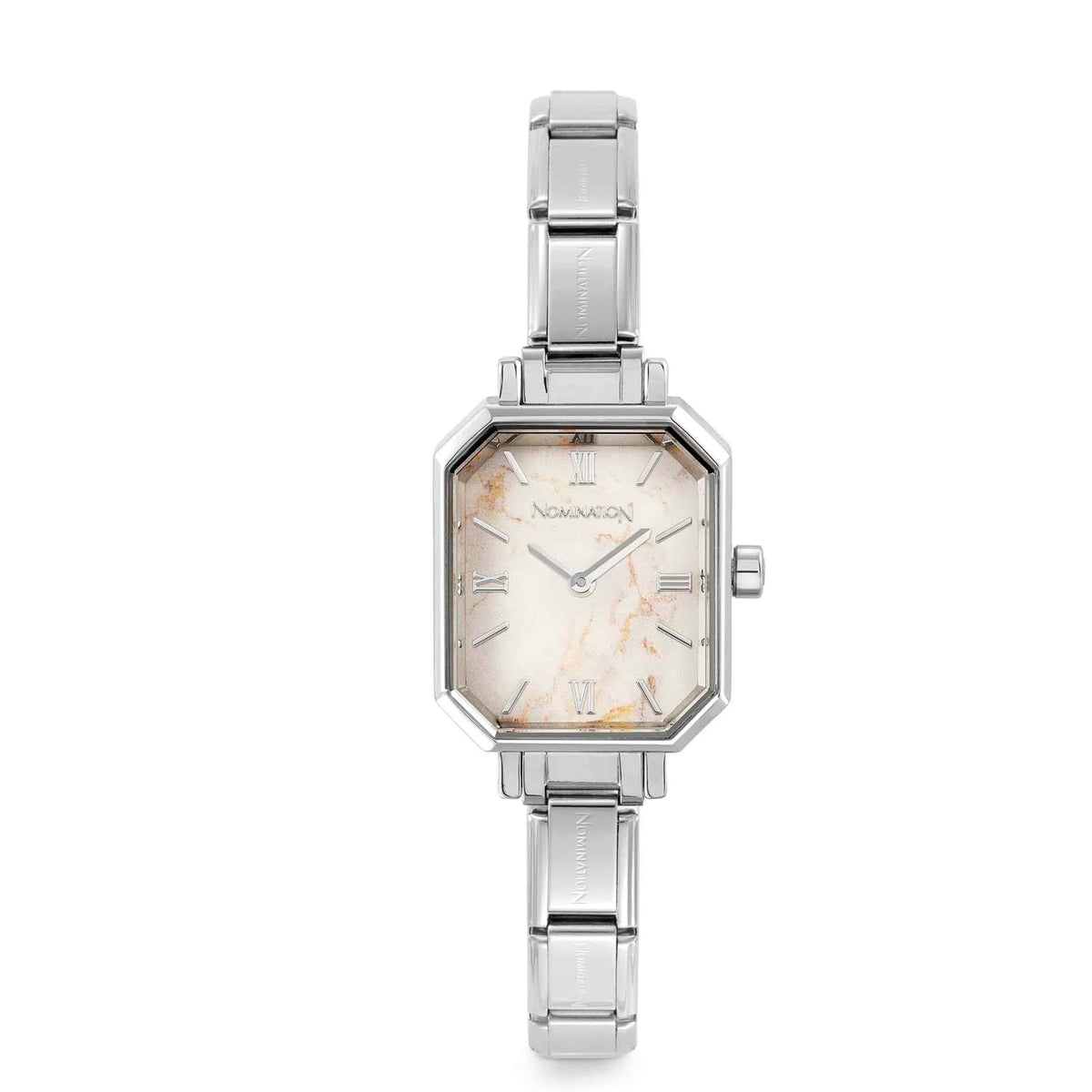 A women's octagonal analog watch by Nomination Italy. featuring a silver-toned metal link bracelet, a silver bezel, and a cream-colored dial with a subtle gold map-like pattern.