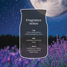 Fragrance notes label with lavender field and moon in the background