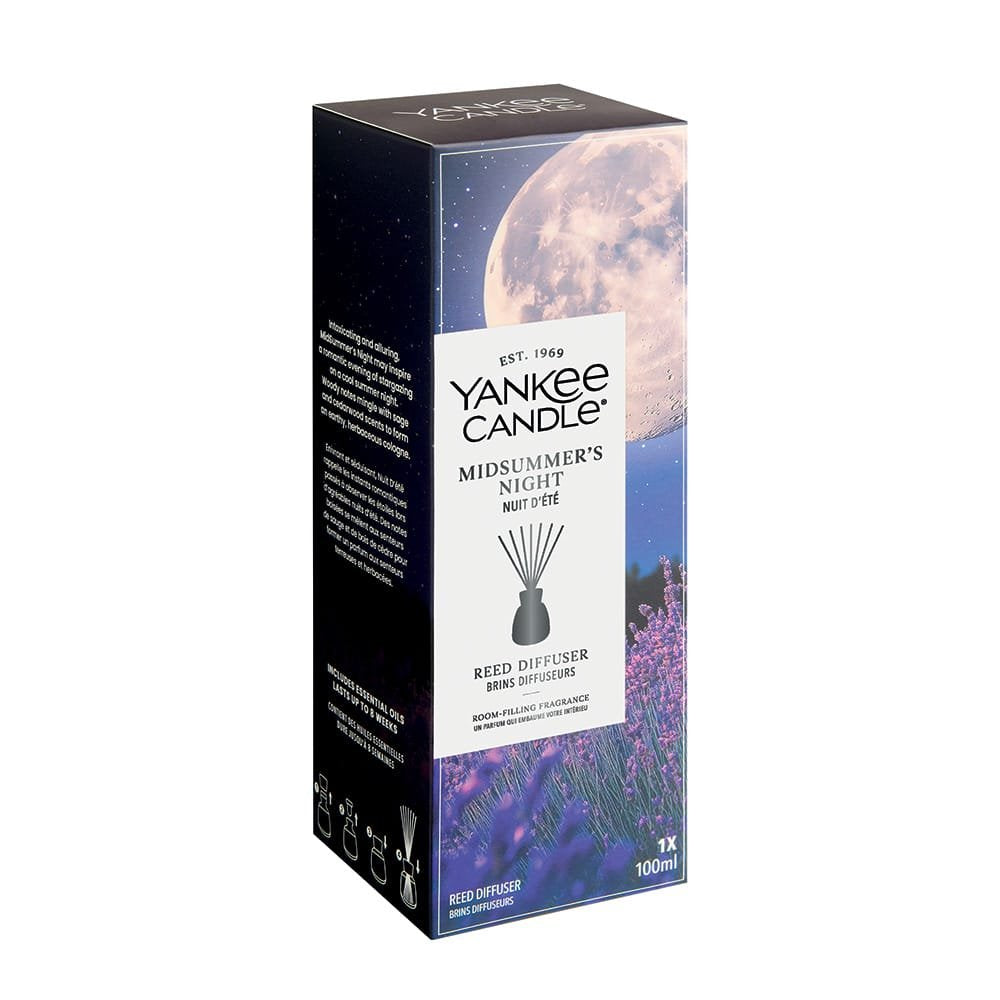 Yankee Candle Midsummer's Night Reed Diffuser packaging with moon and lavender design.