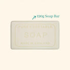 190g soap bar labeled 'Pure Vegetable Soap Made in England' on a light beige background