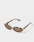 Sunglasses with tortoiseshell frame and brown lenses on a white background