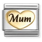 Nomination Italy Gold heart-shaped charm with 'Mum'  engraved in black enamel on a stainless steel base