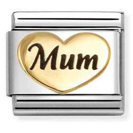 Nomination Italy Gold heart-shaped charm with 'Mum'  engraved in black enamel on a stainless steel base