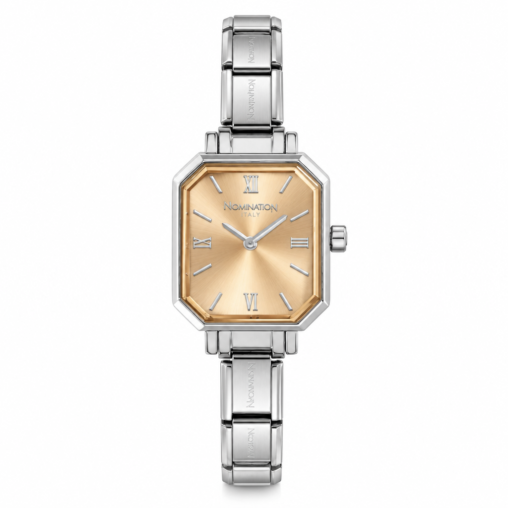 A women's Nomination Italy gold sunray analog watch. featuring an octagonal silver-tone stainless steel case and composable bracelet with a champagne-gold dial and Roman numeral hour markers.