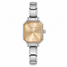 A women's Nomination Italy gold sunray analog watch. featuring an octagonal silver-tone stainless steel case and composable bracelet with a champagne-gold dial and Roman numeral hour markers.