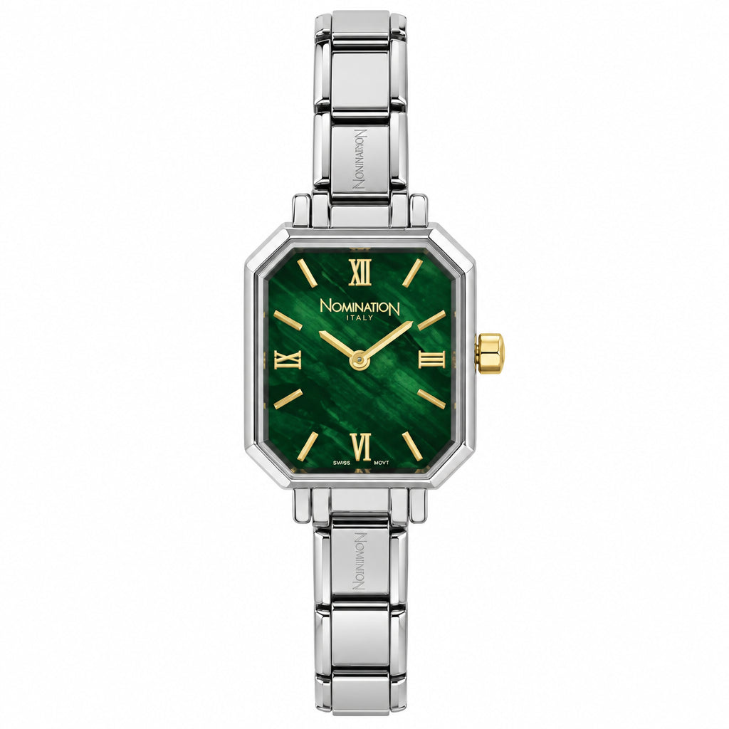 A women's Nomination watch featuring a silver-toned stainless steel link bracelet and a square green malachite dial with gold-tone hands and Roman numerals.