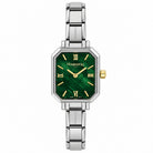 A women's Nomination watch featuring a silver-toned stainless steel link bracelet and a square green malachite dial with gold-tone hands and Roman numerals.