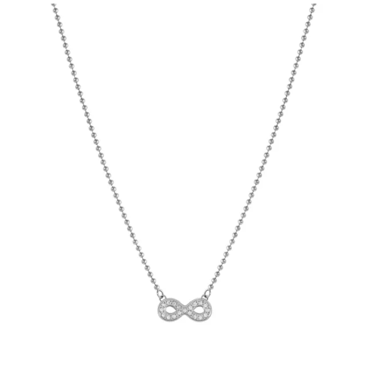 Silver infinity necklace with clear stones on a white background. From Nomination Italy Soffio A'more collection 
