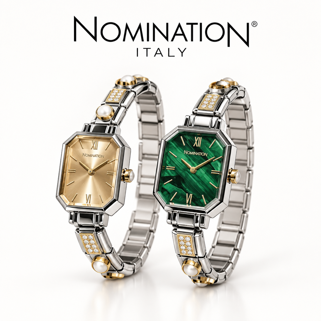 Two women's metal Nomination Italy Composable bracelets with octagonal rectangular watches, one featuring a gold dial and the other a green marbled dial, shown worn on a woman's wrist.