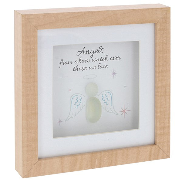 Wooden frame showing an angel made using pebbles with the sentiment angels from above watch over those we love