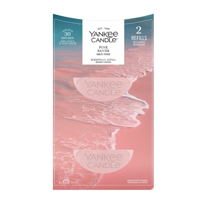 Yankee Candle Pink Sands scented plug refill packaging with pink and blue design.