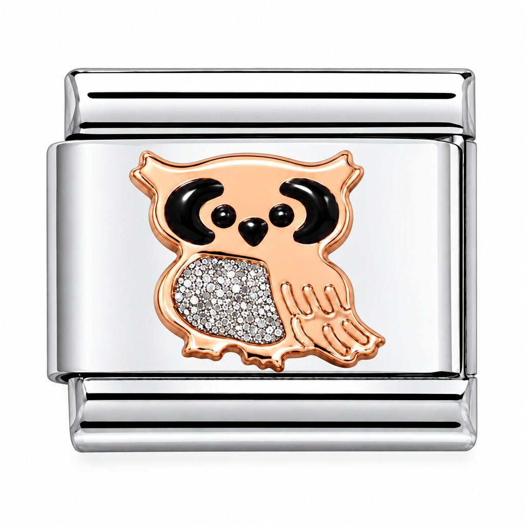 Nomination Italy composable  9k rose gold and stainless steel charm of an owl  with silver enamelled glitter