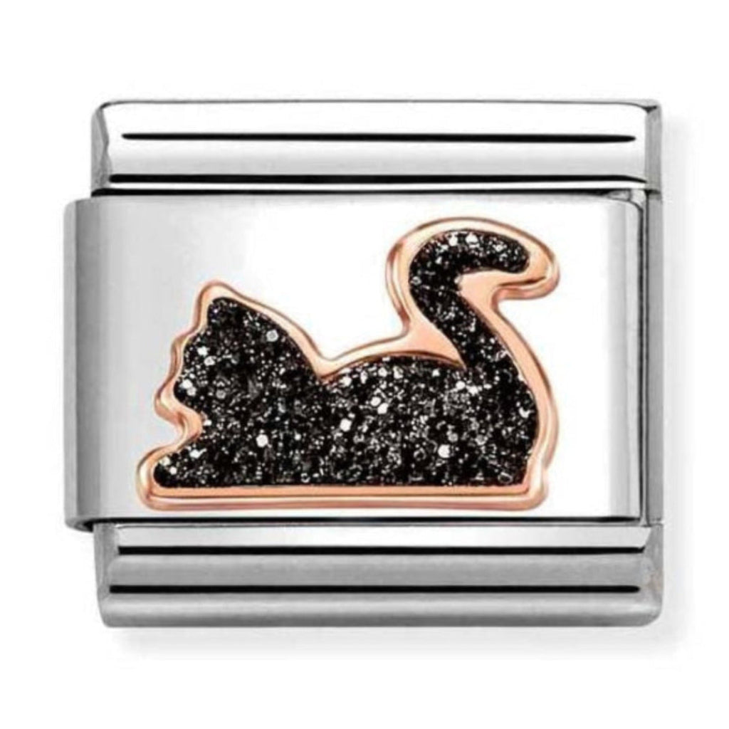 Nomination Italy classic 9k gold and stainless charm showing a cat with black enamalled glitter detailling