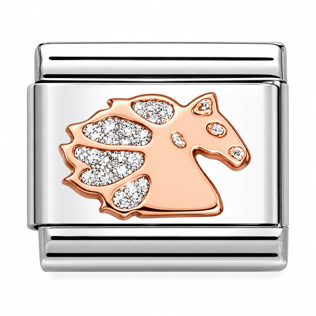 Nomination Italy classic charm in rose gold and enamelled glitter showing a unicorn 