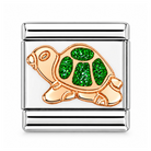 Nomination Italy classic charm in 9k gold and stainless steel depicting a turtle with green enamelled glitter