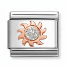 A Nomination Italy composable charm link, featuring a rose gold sunburst design with a silver enamelled center, shown on a light background.