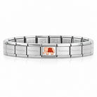 A silver stainless steel nomination italy bracelet. Featuring a rose gold & glitter red elephant charm. Shown on a white background with the text 'BRACELET SOLD SEPARATELY' below.