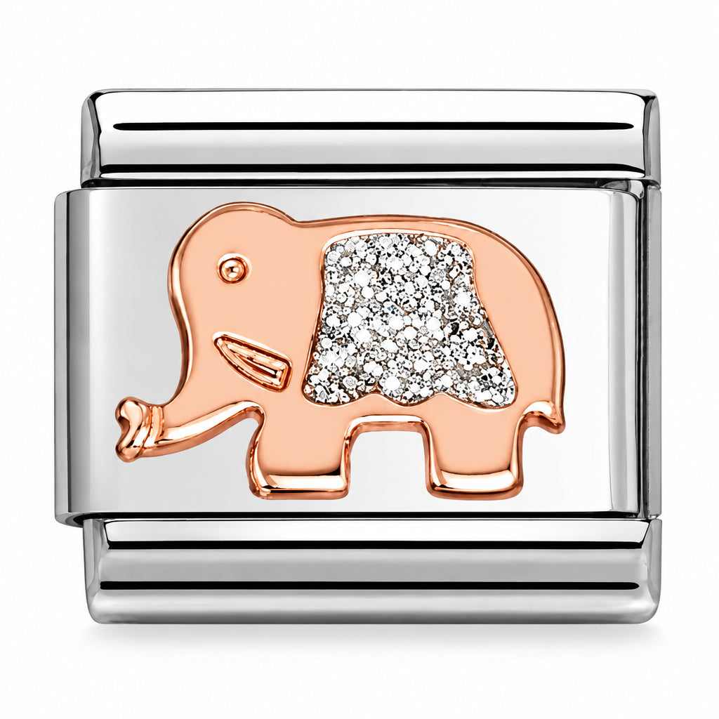 Nomination Italy composable  charm in 9k rose gold & stainless steel. Showing an elephant charm with enamelled silver glitter detailing