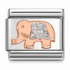 Nomination Italy composable  charm in 9k rose gold & stainless steel. Showing an elephant charm with enamelled silver glitter detailing