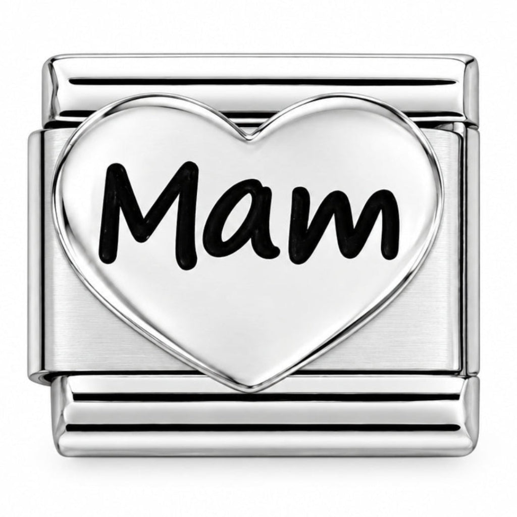 A Classic silver & Black Enamel writing Nomination Italy charm. featuring a large heart-shaped center with the word 'Mam' in black script, shown on a light gray background.