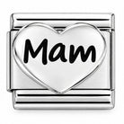 A Classic silver & Black Enamel writing Nomination Italy charm. featuring a large heart-shaped center with the word 'Mam' in black script, shown on a light gray background.