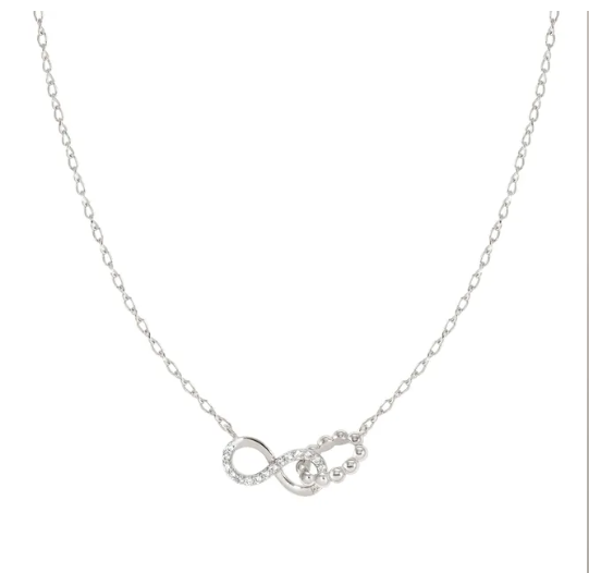 Silver necklace with a heart and infinity symbol pendant on a white background