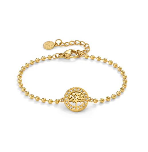 Soffio A'more nomination Italy Gold coloured bracelet with a tree of life charm on a white background.