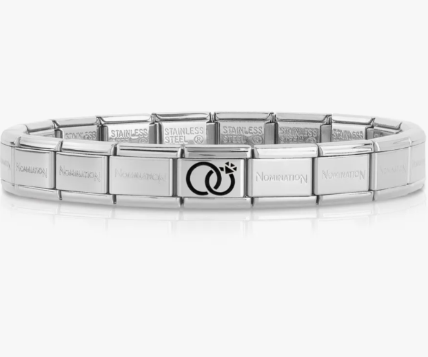 Composable silver wedding rings charm connected to nomination bracelet for visual look.